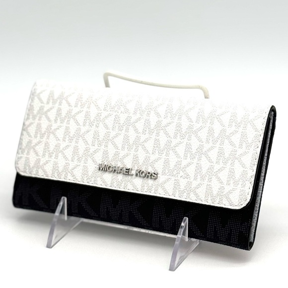 Michael Kors Jet Set Large Signature Logo TriFold Wallet Optic White Multi - Picture 1 of 10